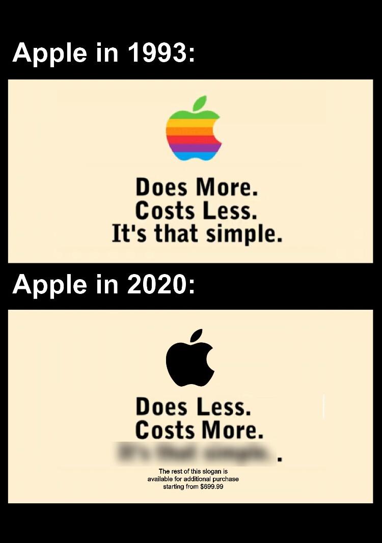 graphics - Apple in 1993 Does More. Costs Less. It's that simple. Apple in 2020 Does Less. Costs More. The rest of this slogan is available for additional purchase starting from $699.99