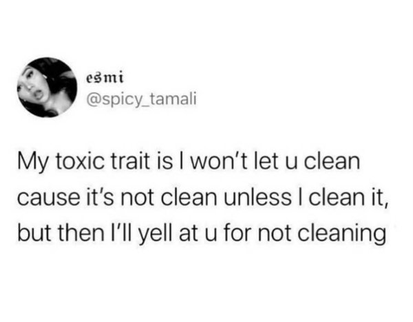 do you like besides other girls - esmi My toxic trait is I won't let u clean cause it's not clean unless I clean it, but then I'll yell at u for not cleaning