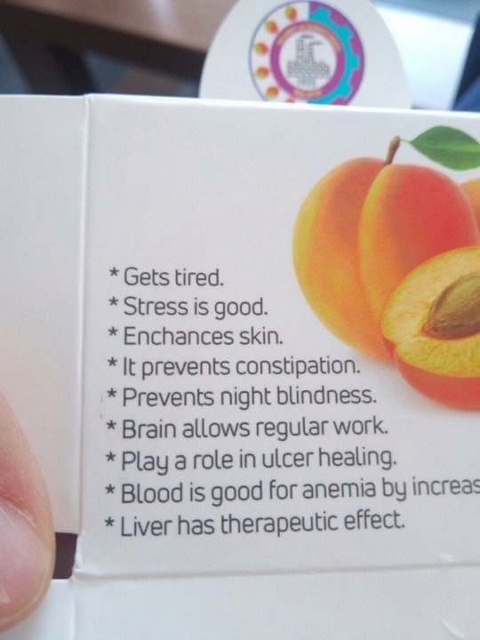 fruit - Gets tired. Stress is good. Enchances skin. It prevents constipation. Prevents night blindness. Brain allows regular work. Play a role in ulcer healing. Blood is good for anemia by increas Liver has therapeutic effect.