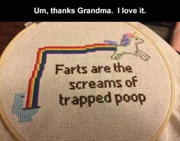 needlework - Um, thanks Grandma. I love it. Farts are the screams of trapped poop