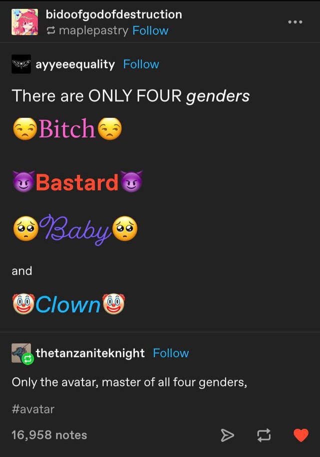 screenshot - bidoofgodofdestruction maplepastry ayyeeequality There are Only Four genders Bitch Bastard Baby and Clown 0 0 thetanzaniteknight Only the avatar, master of all four genders, 16,958 notes > t2