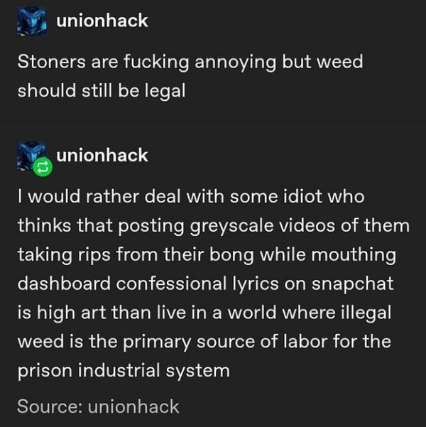 angle - unionhack Stoners are fucking annoying but weed should still be legal unionhack I would rather deal with some idiot who thinks that posting greyscale videos of them taking rips from their bong while mouthing dashboard confessional lyrics on snapch