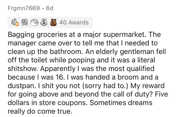 document - Frgmn7669.6d S S 40 Awards Bagging groceries at a major supermarket. The manager came over to tell me that I needed to clean up the bathroom. An elderly gentleman fell off the toilet while pooping and it was a literal shitshow. Apparently I was