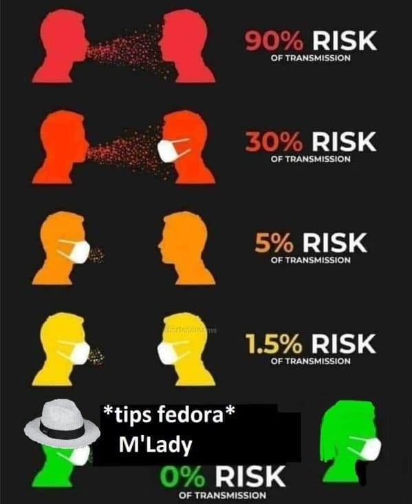 0% risk meme - 90% Risk Of Transmission 30% Risk Of Transmission 5% Risk Of Transmission 1.5% Risk Of Transmission tips fedora M'Lady 0% Risk Of Transmission