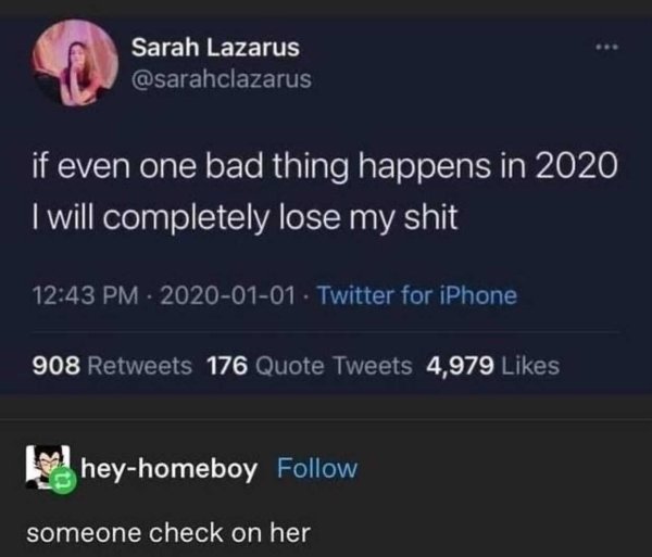 screenshot - Sarah Lazarus if even one bad thing happens in 2020 I will completely lose my shit . Twitter for iPhone 908 176 Quote Tweets 4,979 heyhomeboy someone check on her