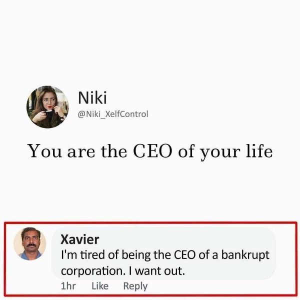 Niki You are the Ceo of your life Xavier I'm tired of being the Ceo of a bankrupt corporation. I want out. 1hr