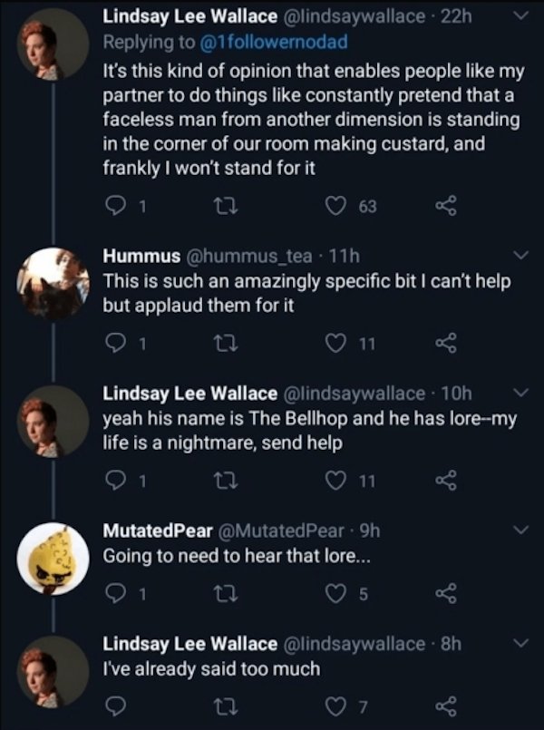 screenshot - Lindsay Lee Wallace 22h It's this kind of opinion that enables people my partner to do things constantly pretend that a faceless man from another dimension is standing in the corner of our room making custard, and frankly I won't stand for it