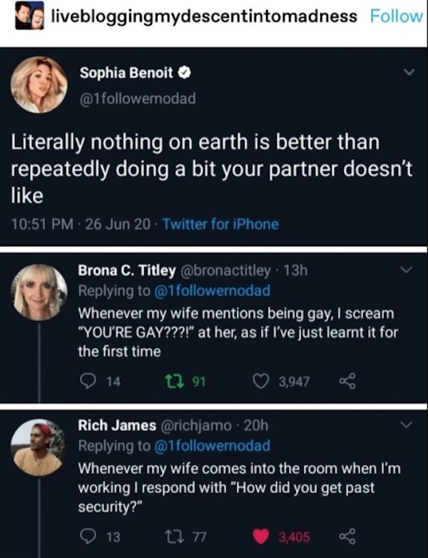 screenshot - livebloggingmydescentintomadness Sophia Benoit Literally nothing on earth is better than repeatedly doing a bit your partner doesn't 26 Jun 20 Twitter for iPhone Brona C. Titley 13h Whenever my wife mentions being gay, I scream "You'Re Gay???