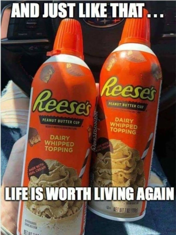 peanut butter cup meme - And Just That... Reese's Reeses Peanut Butter Cup Peanut Butter Cup Wowzarbeningen Dairy Whipped Topping Dairy Whipped Topping Kade With Real Cream Life Is Worth Living Again 20 Net Wurz 1981