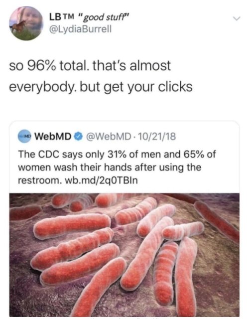 mycobacterial infection - Lb Tm "good stuff so 96% total, that's almost everybody, but get your clicks o WebMD . 102118 The Cdc says only 31% of men and 65% of women wash their hands after using the restroom. wb.md2q0TBIn