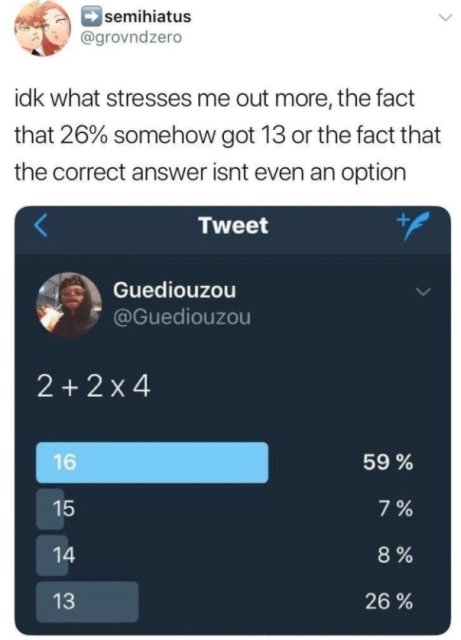 pemdas funny - semihiatus idk what stresses me out more, the fact that 26% somehow got 13 or the fact that the correct answer isnt even an option Tweet Guediouzou 2 2x4 16 59 % 15 7% 14 8% 13 26 %