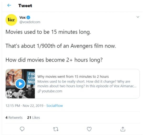 web page - Tweet Vox Tex Movies used to be 15 minutes long. That's about 1900th of an Avengers film now. How did movies become 2 hours long? Fir Lo! Why movies went from 15 minutes to 2 hours Mo Movies used to be really short. How did it change? Why are m