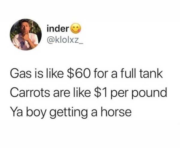 inder Gas is $60 for a full tank Carrots are $1 per pound Ya boy getting a horse