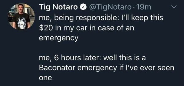 sky - Tig Notaro . 19m me, being responsible I'll keep this $20 in my car in case of an emergency me, 6 hours later well this is a Baconator emergency if I've ever seen one