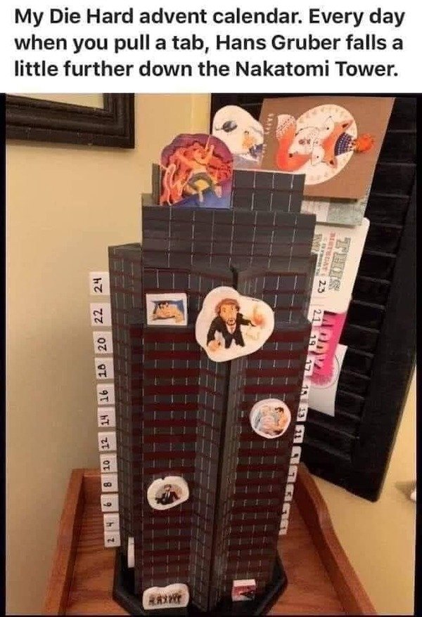 Die Hard - My Die Hard advent calendar. Every day when you pull a tab, Hans Gruber falls a little further down the Nakatomi Tower. Ve Te 24 22 14 16 18 20 8 10 12 21 192 193 mm 2416