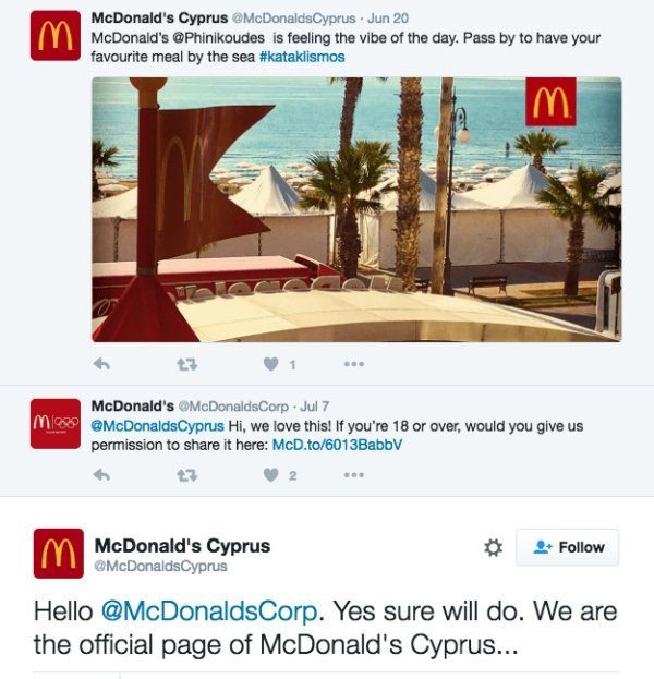 web page - McDonald's Cyprus McDonaldsCyprus. Jun 20 m McDonald's is feeling the vibe of the day. Pass by to have your favourite meal by the sea Imi McDonald's McDonaldsCorp. Jul 7 miese Hi, we love this! If you're 18 or over, would you give us permission