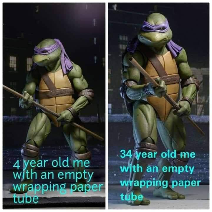 tmnt 2014 memes - 4 year old me with an empty wrapping paper tupe 34 year old me with an empty wrapping paper tube