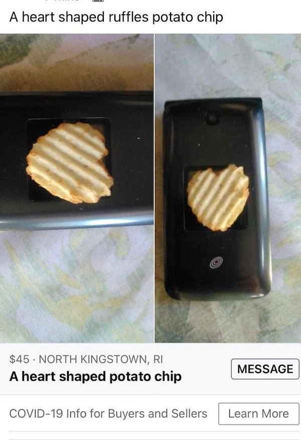 A heart shaped ruffles potato chip $45. North Kingstown, Ri A heart shaped potato chip Message Covid19 Info for Buyers and Sellers Learn More