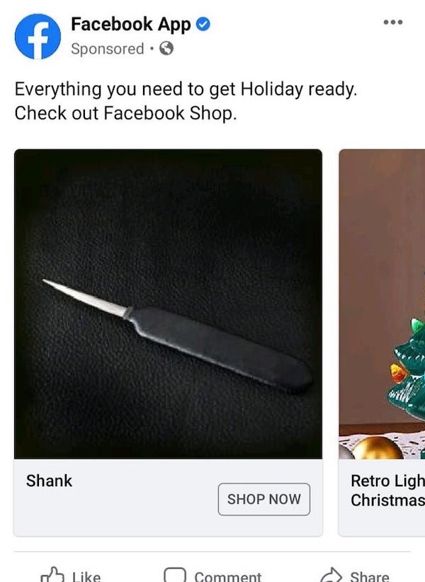 angle - f Facebook App Sponsored Everything you need to get Holiday ready. Check out Facebook Shop. Shank Retro Ligh Christmas Shop Now Comment