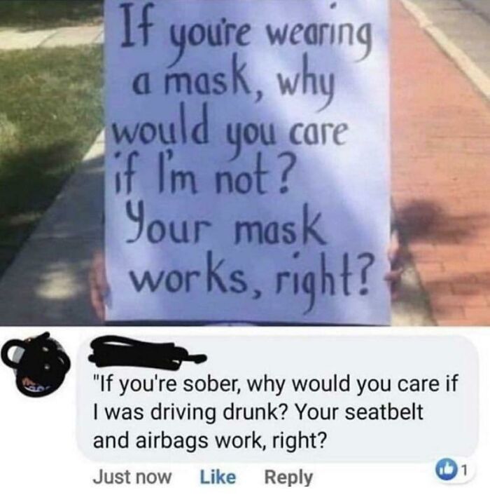 if your mask works meme - If you're wearing a mask, why would if I'm not? Your mask works, right? you care "If you're sober, why would you care if I was driving drunk? Your seatbelt and airbags work, right? Just now 1