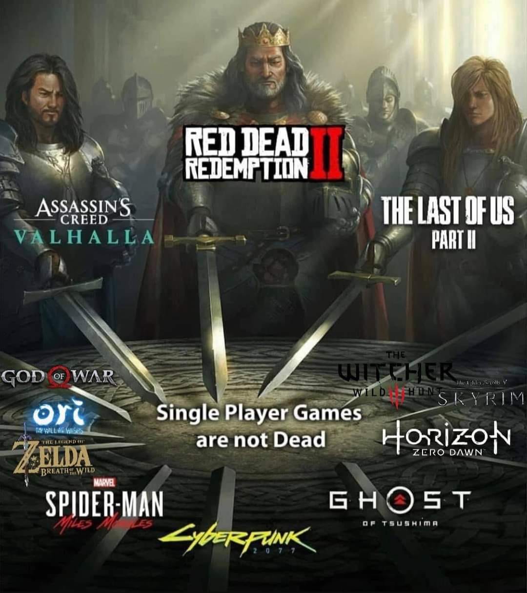 sword guys meme - Red Dead Redemption Assassin'S Valhalla Creed The Last Of Us Part Ii The Hv Wild Hun The Will Wisas God Of War Witther Skyrim ori Single Player Games are not Dead Zelda Horizon SpiderMan Ghost Cyberfunk Breath Wild Marve Of Tsushima