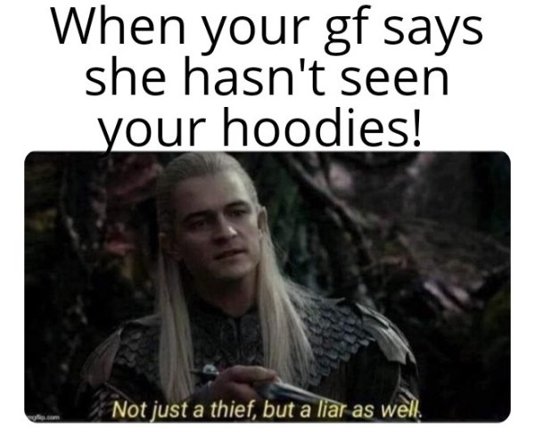 not just a thief but a liar - When your gf says she hasn't seen your hoodies! Not just a thief, but a liar as well.