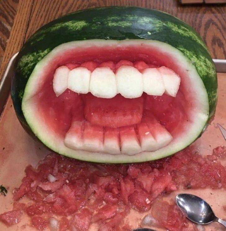 “All the grocery stores were sold out of pumpkins, so I carved a watermelon instead.”