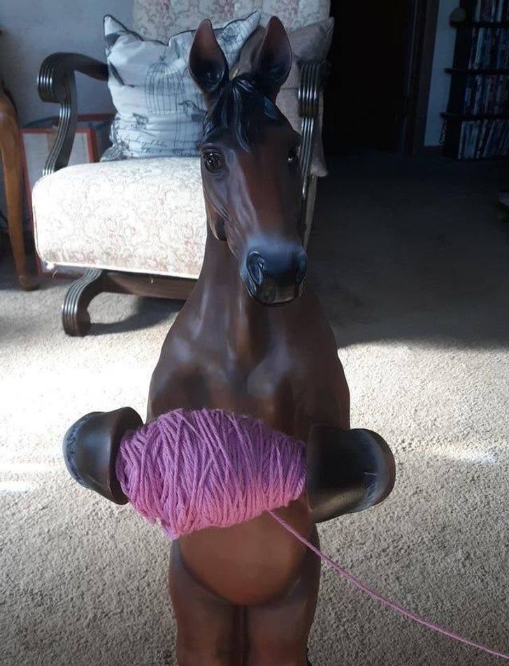 “I helped a friend move last weekend. She ‘thought’ she was going to put this toilet paper holder in the donation pile. Meet my newest yarn holder, Wilbur.”