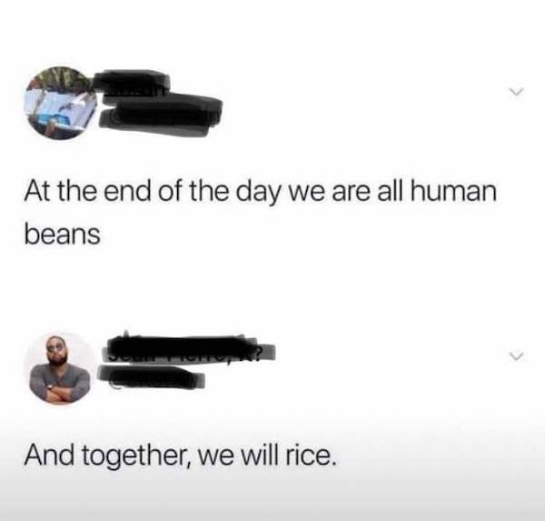 we are all human beans meme - At the end of the day we are all human beans And together, we will rice.