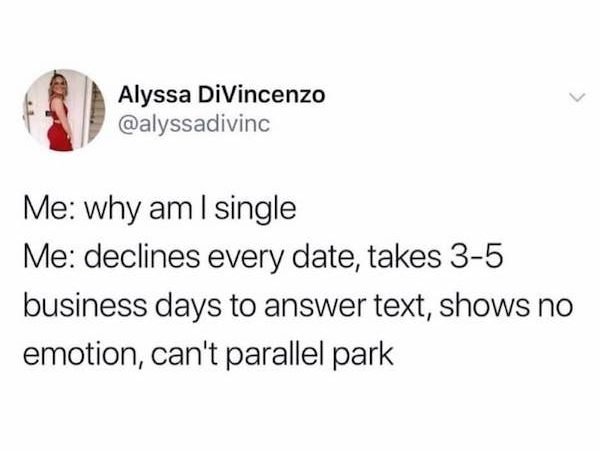 paper - Alyssa DiVincenzo Me why am I single Me declines every date, takes 35 business days to answer text, shows no emotion, can't parallel park