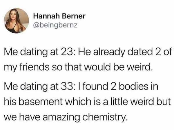 document - Hannah Berner Me dating at 23 He already dated 2 of my friends so that would be weird. Me dating at 33 I found 2 bodies in his basement which is a little weird but we have amazing chemistry.