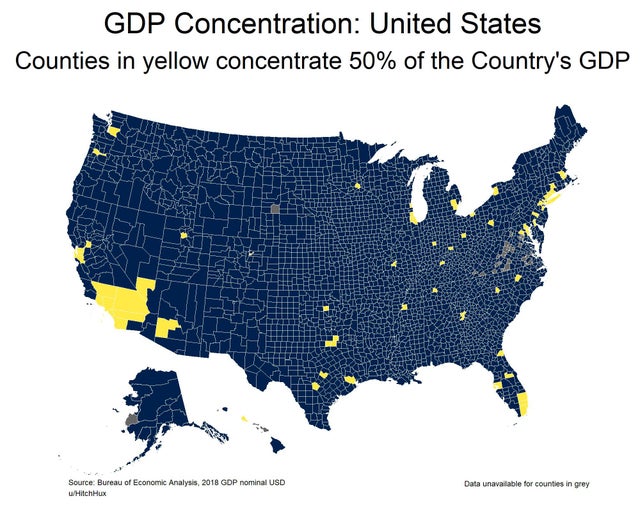 aesthetic usa map - Gdp Concentration United States Counties in yellow concentrate 50% of the Country's Gdp Source Bureau of Economic Analysis, 2018 Gdp nominal Usd Hitch Hux Data unavailable for counties in grey