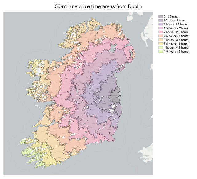 ecoregion - 30minute drive time areas from Dublin 030 mins 30 mins 1 hour 1 hour 1.5 hours 1.5 hours 2hours 2 hours 2.5 hours 2.5 hours 3 hours 3 hours 3.5 hours 3.5 hours 4 hours 4 hours 4.5 hours 4.5 hours 5 hours