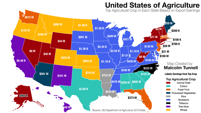 all yellow election map - United States of Agriculture Top Agricultural Crop in Each State Based on Export Earnings $672 M $690 M $193 M $348 M $44M $8 M $40 M $253 M $8.48 B $1.08 B 539 M $1.58 B Zm $200 K $891 M $400 M $71 M $13 $421 M $100 K $ $2.44B $