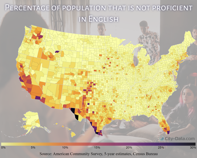 map - Percentage Of Population That Is Not Proficient In English 0% 5% CityData.com 10% 15% 20% 25% 30% Source American Community Survey, 5year estimates, Census Bureau