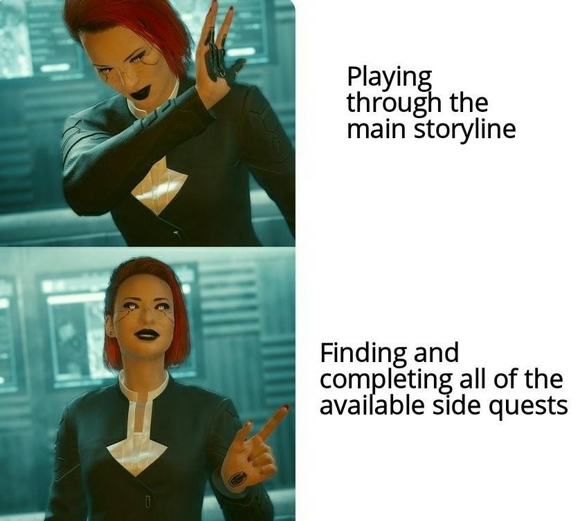 cartoon - Playing through the main storyline Finding and completing all of the available side quests