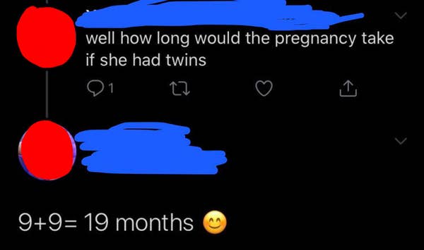 dumb people - atmosphere - well how long would the pregnancy take if she had twins 91 99 19 months