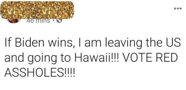 dumb people - ... 45 mins If Biden wins, I am leaving the Us and going to Hawaii!!! Vote Red Assholes!!!