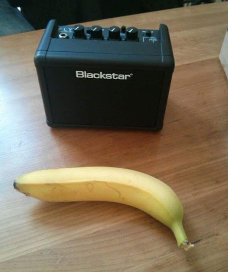 “I just received a bedroom guitar amp I ordered and am amazed by its size. Banana for scale, and it works with batteries!”