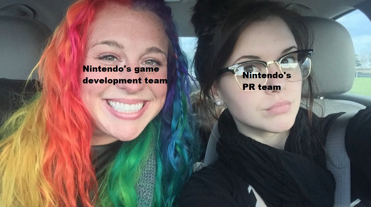 rainbow hair girl meme template - Nintendo's game development team Nintendo's Pr team