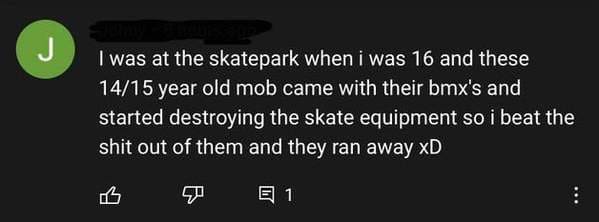 online liars  - I was at the skatepark when i was 16 and these 1415 year old mob came with their bmx's and started destroying the skate equipment so i beat the shit out of them and they ran away xD E1