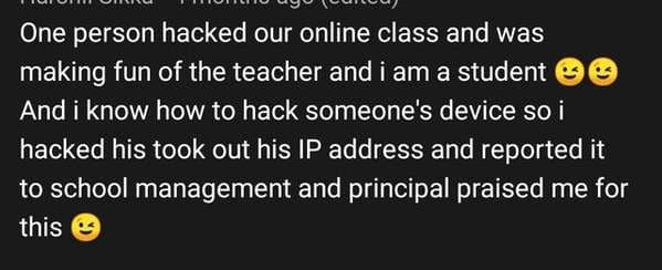 online liars - canadian imperial bank of commerce - One person hacked our online class and was making fun of the teacher and i am a student And i know how to hack someone's device so i hacked his took out his Ip address and reported it to school managemen