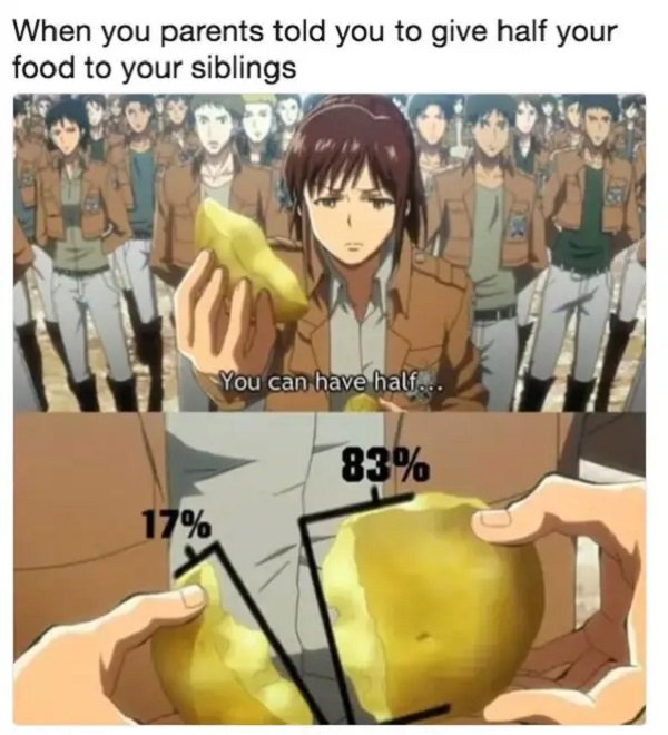sibling memes - When you parents told you to give half your food to your siblings You can have half... 83% 17%