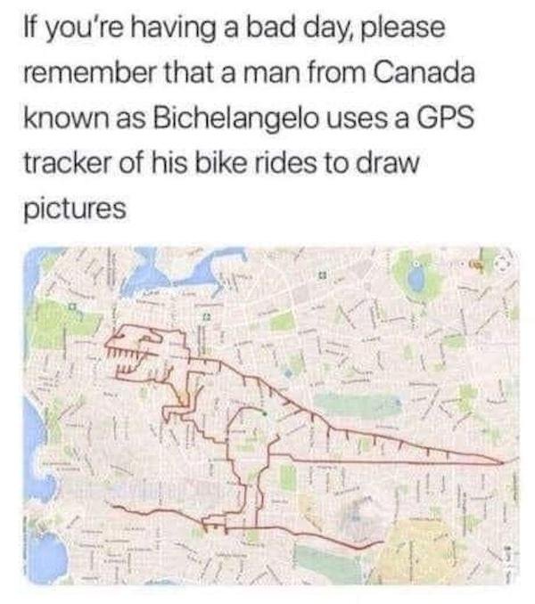 wholesome bikers - If you're having a bad day, please remember that a man from Canada known as Bichelangelo uses a Gps tracker of his bike rides to draw pictures