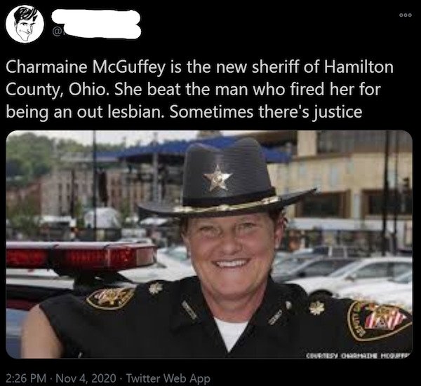 charmaine mcguffey - Ooo Charmaine McGuffey is the new sheriff of Hamilton County, Ohio. She beat the man who fired her for being an out lesbian. Sometimes there's justice Crvenen Om Home Twitter Web App