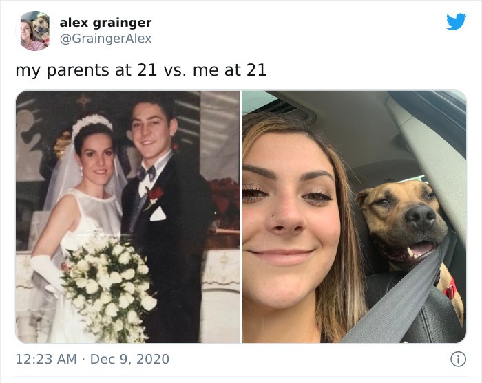 photo caption - alex grainger my parents at 21 vs. me at 21