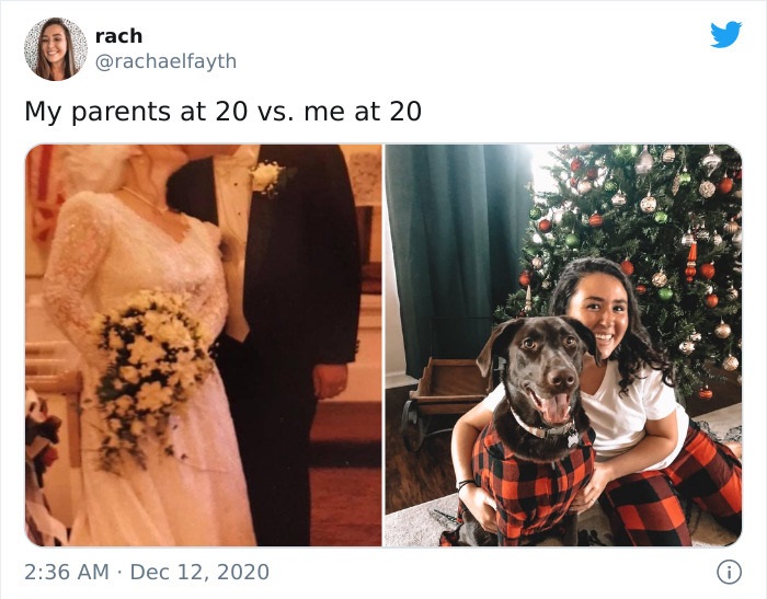photo caption - rach My parents at 20 vs. me at 20