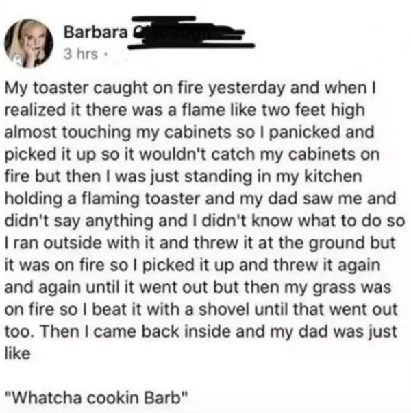 paper - Barbara 3 hrs. My toaster caught on fire yesterday and when I realized it there was a flame two feet high almost touching my cabinets so I panicked and picked it up so it wouldn't catch my cabinets on fire but then I was just standing in my kitche