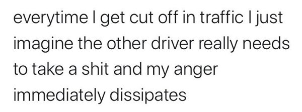 number - everytime I get cut off in traffic I just imagine the other driver really needs to take a shit and my anger immediately dissipates