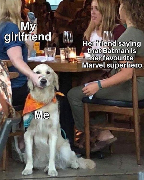holding dog mouth meme - My girlfriend 10 Her friend saying that Batman is her favourite Marvel superhero Me